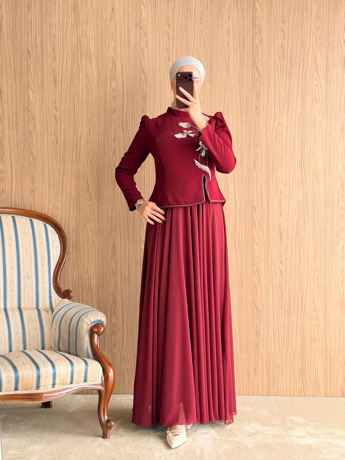Mihra Çiçek İşlemeli Abiye-Bordo