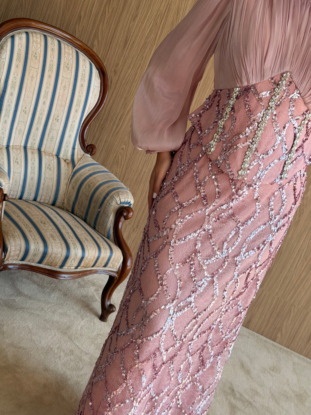 Laliva Dantel Payetli Kalem Abiye-Pembe