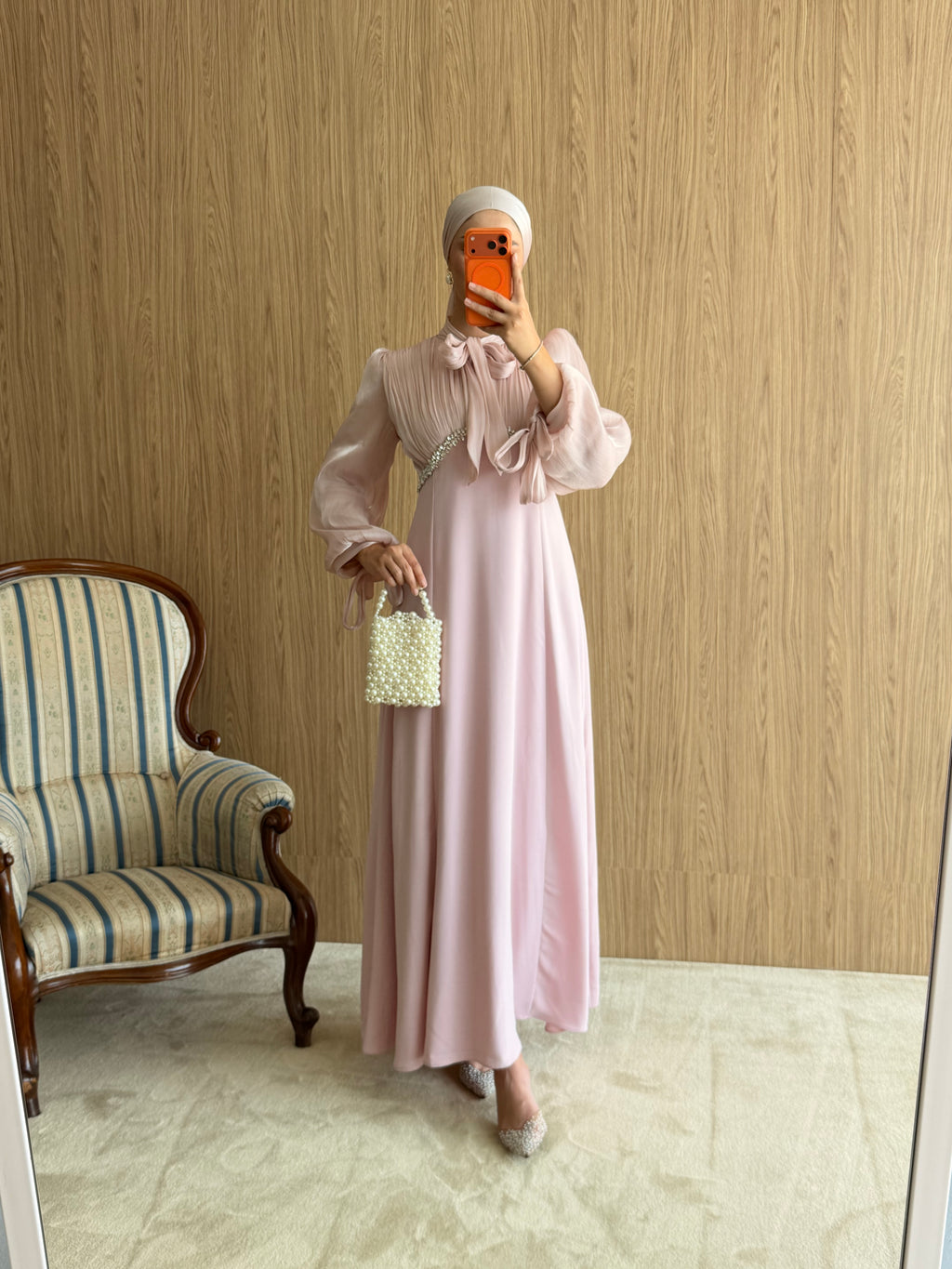Nz Elara Taş Detaylı Fiyonk Yaka Abiye - Pembe