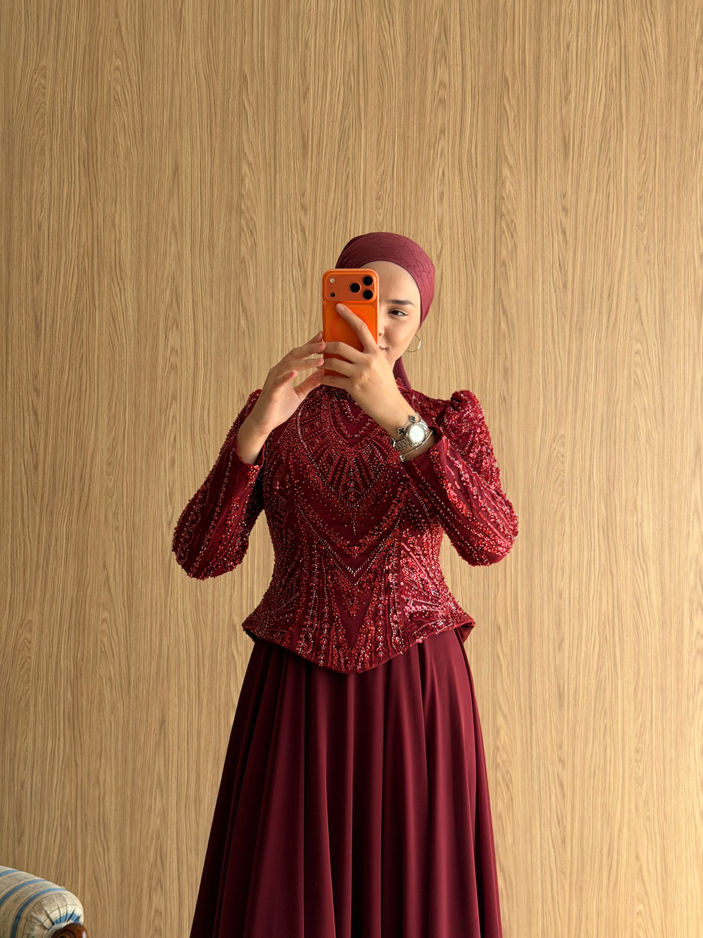 NZ Moda | Boncuk İşlemeli Şifon Abiye Elbise-Bordo