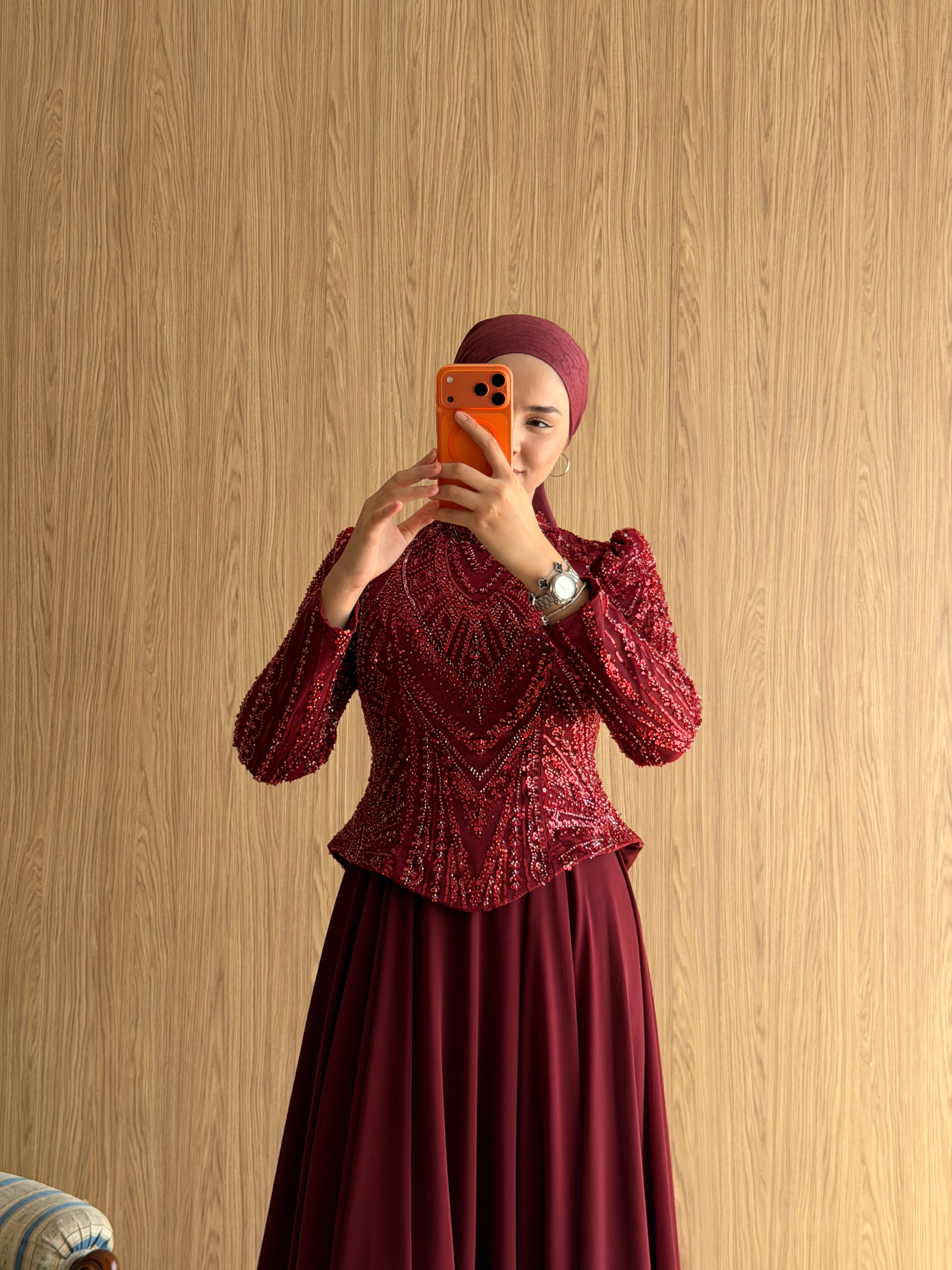 NZ Moda | Boncuk İşlemeli Şifon Abiye Elbise-Bordo