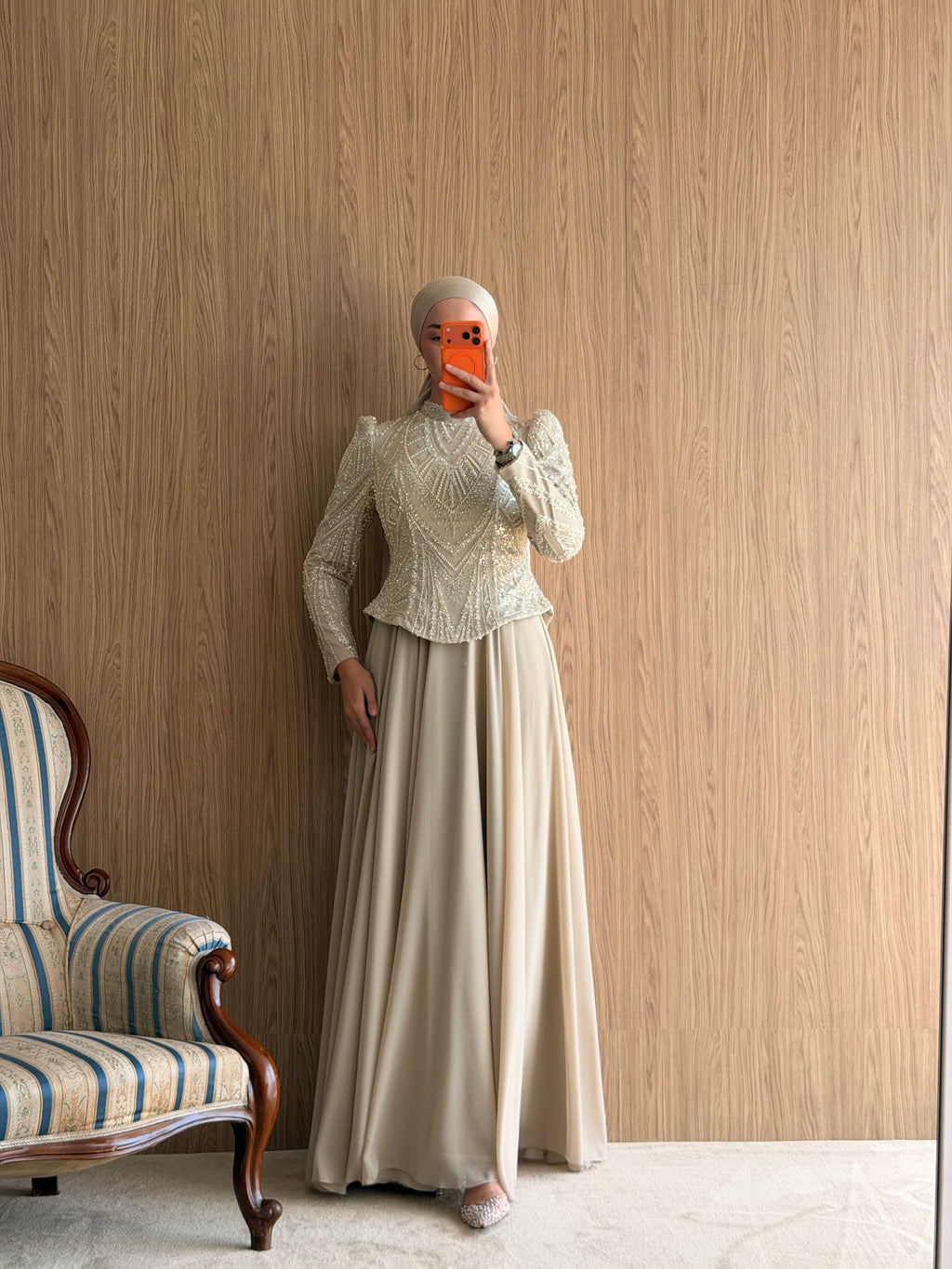 NZ Moda | Boncuk İşlemeli Şifon Abiye Elbise-Bej