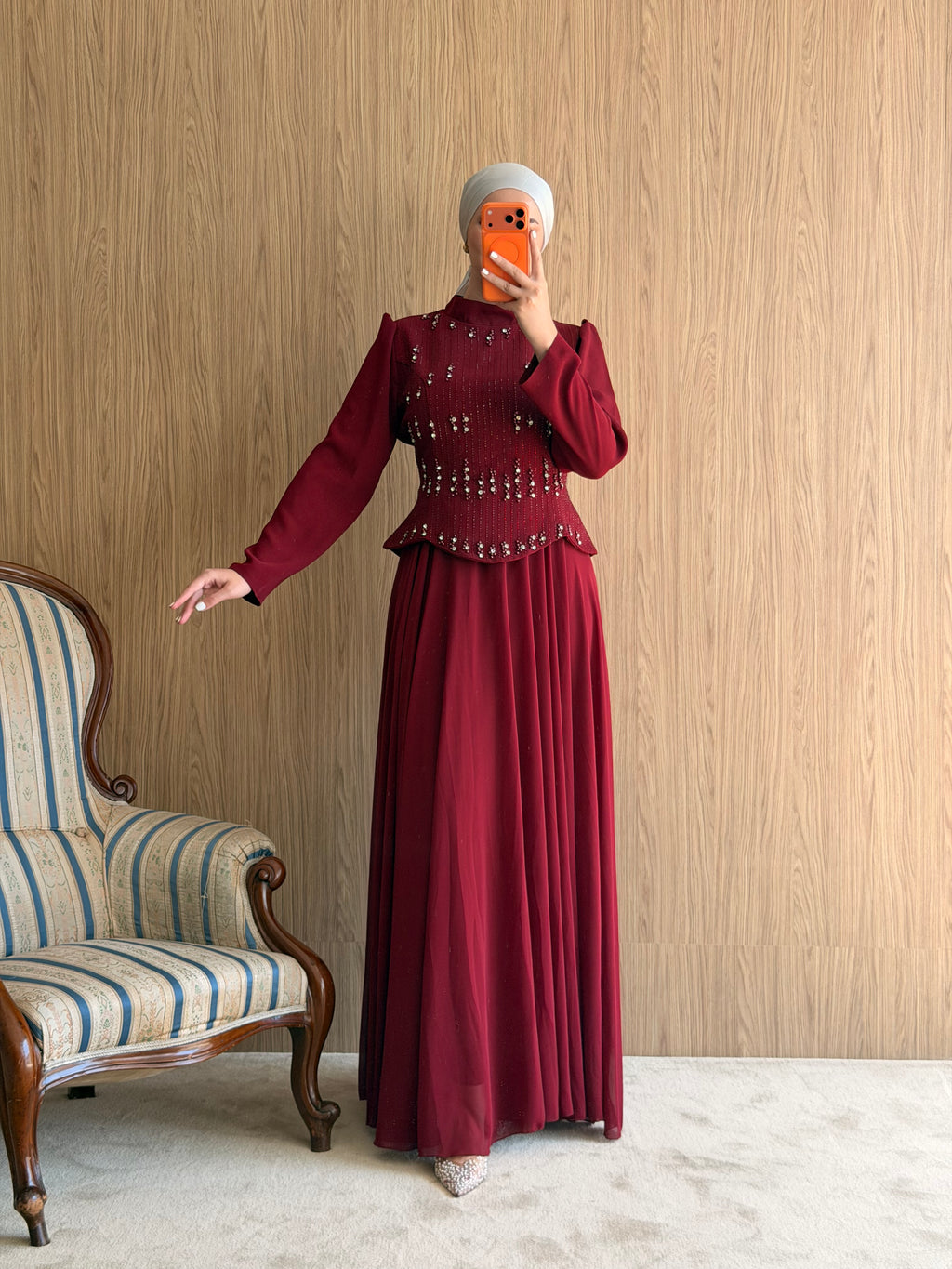 Sare İnci Taş İşlemeli Abiye -Bordo
