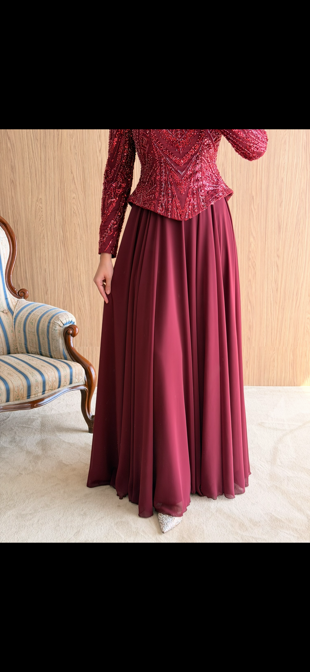 NZ Moda | Boncuk İşlemeli Şifon Abiye Elbise-Bordo