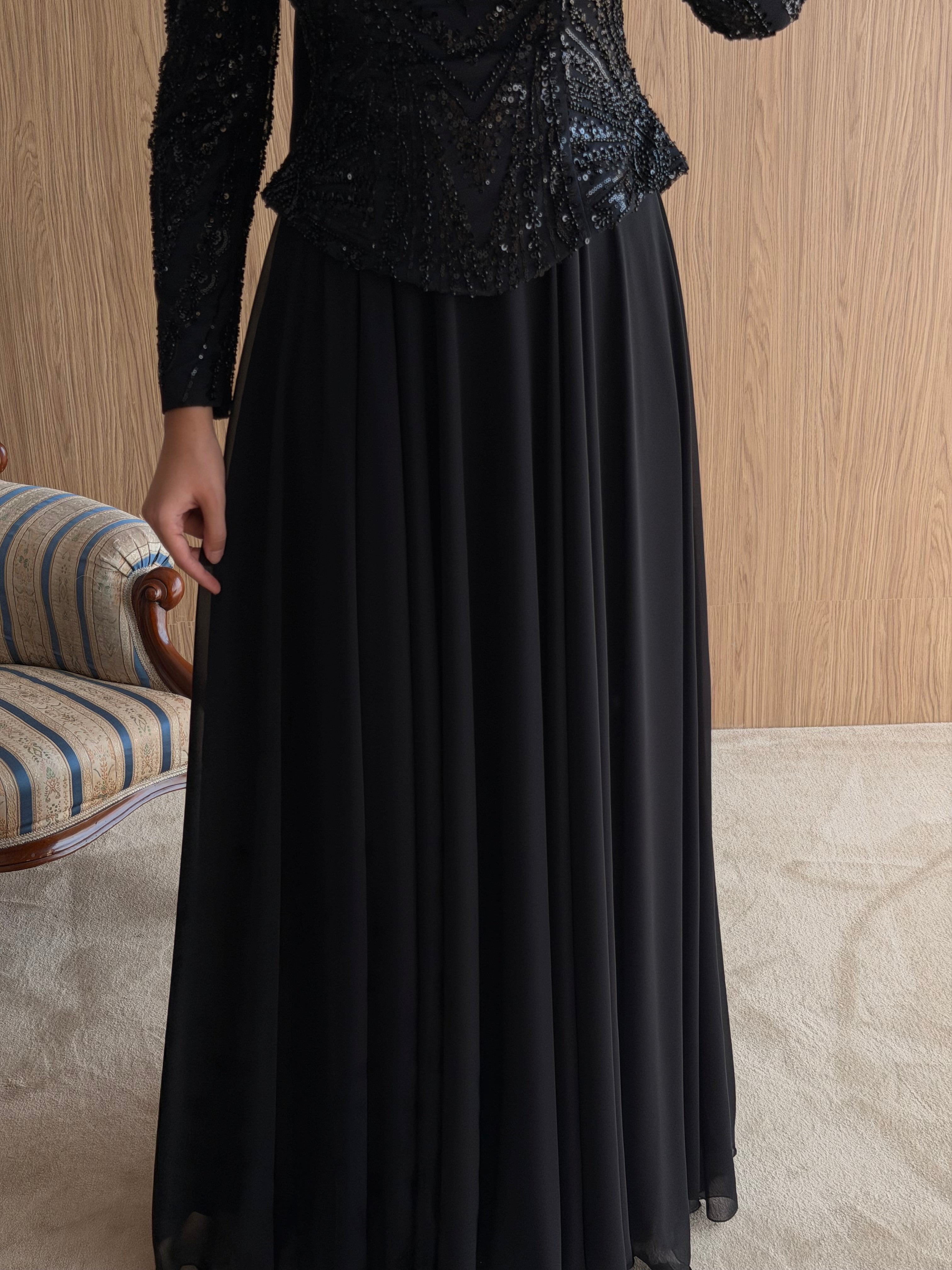 NZ Moda | Boncuk İşlemeli Şifon Abiye Elbise-Siyah