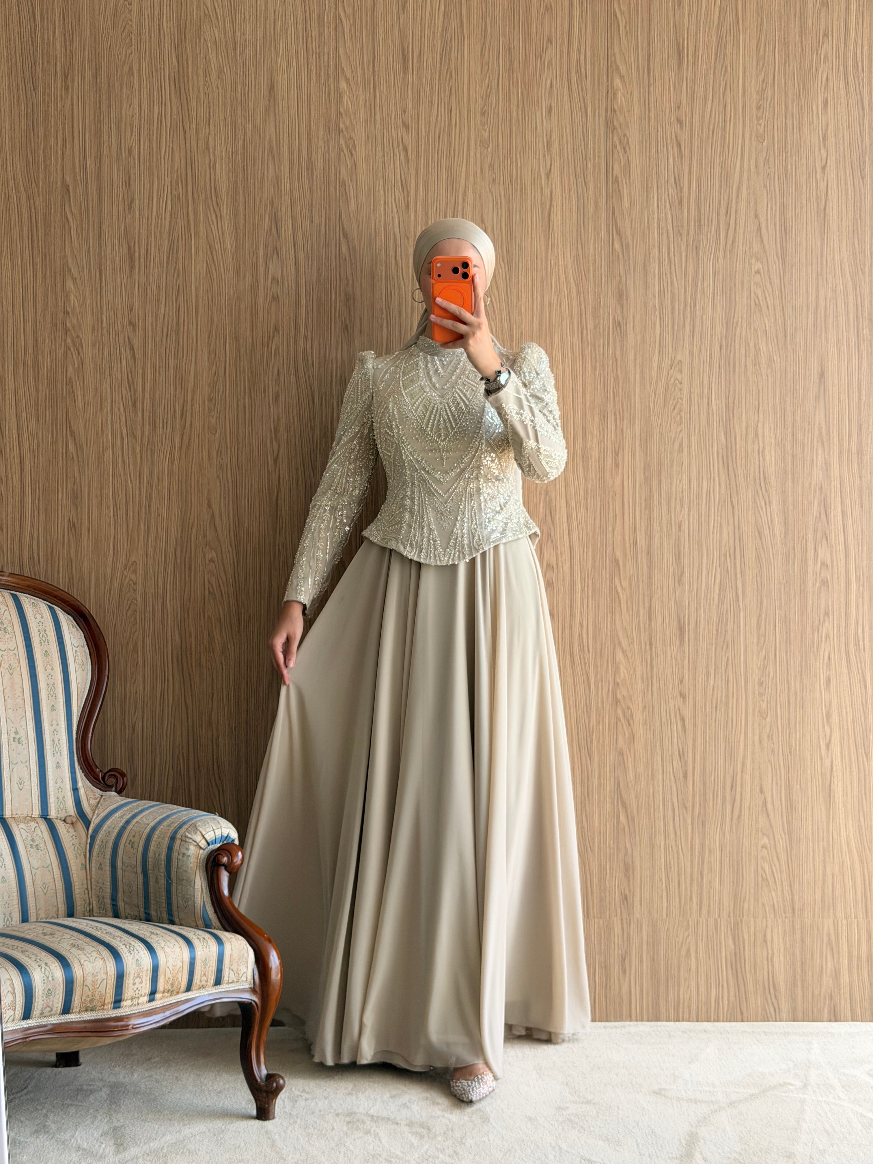 NZ Moda | Boncuk İşlemeli Şifon Abiye Elbise-Bej