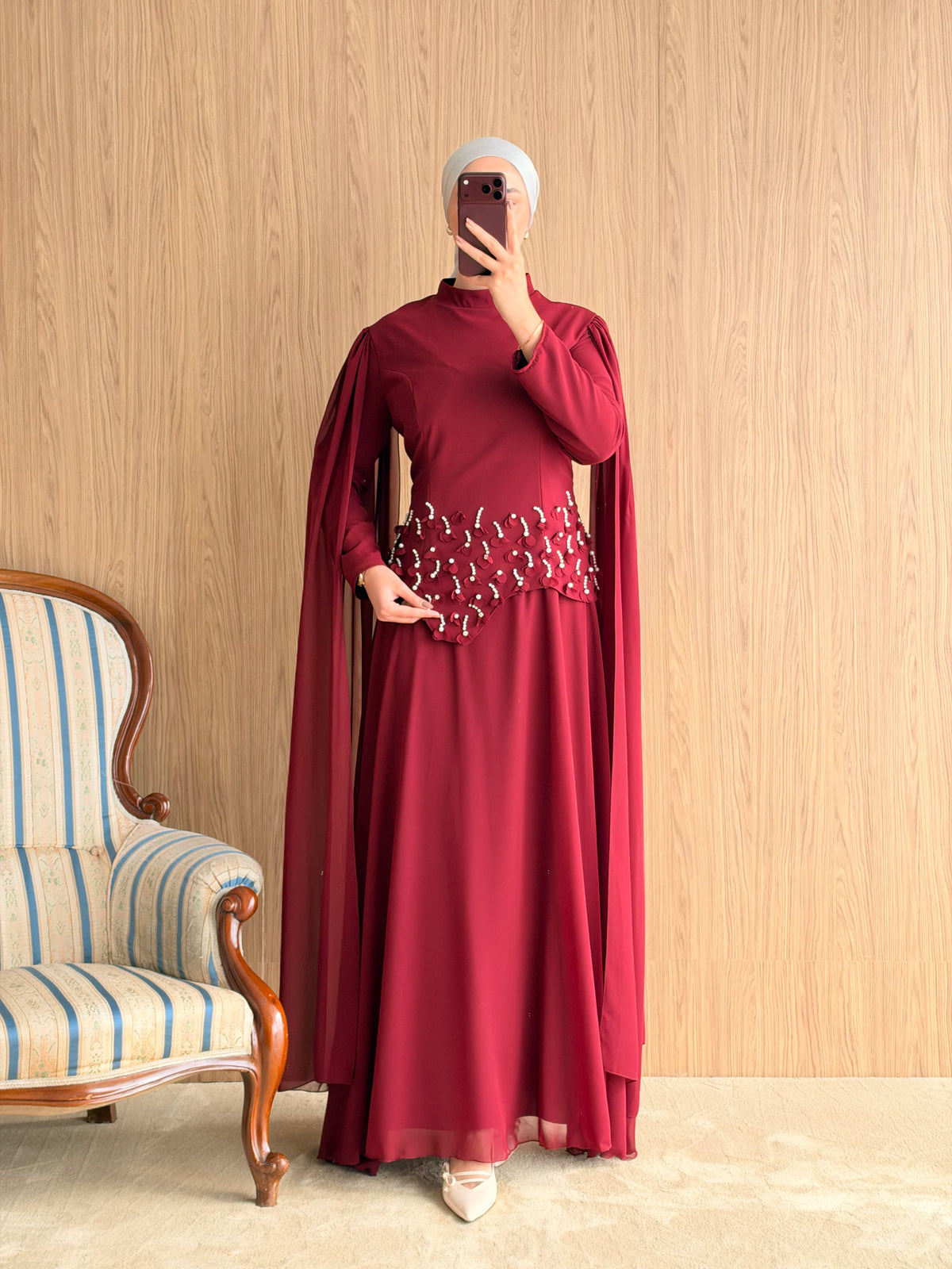Arya Pelerinli Abiye-Bordo