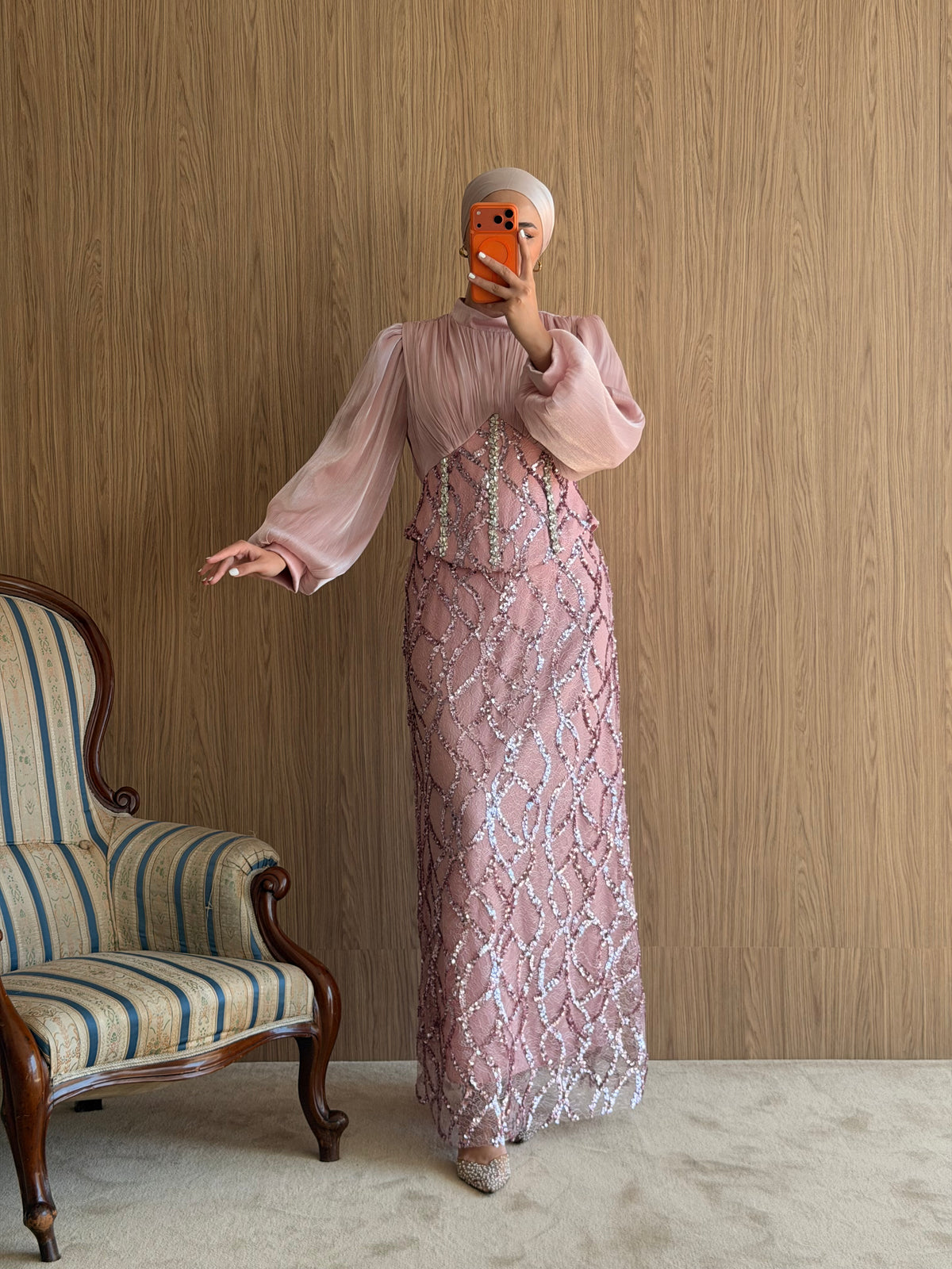 Laliva Dantel Payetli Kalem Abiye-Pembe