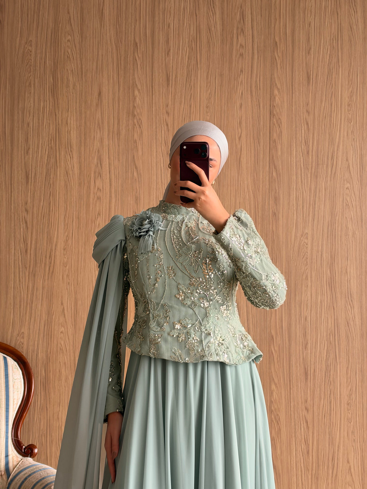 Mira Pelerinli Abiye-Mint Yeşili