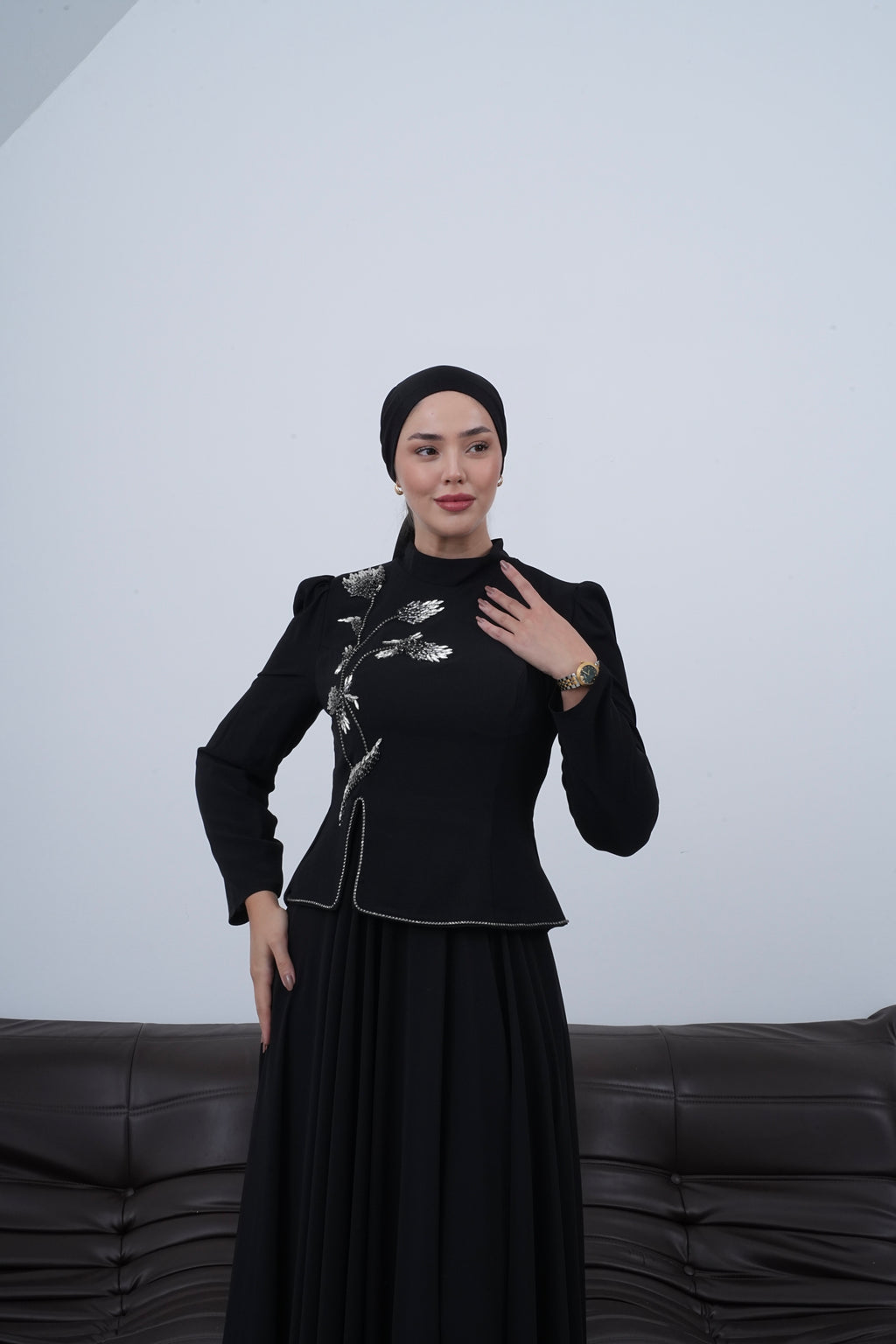 Mihra Çiçek İşlemeli Abiye-Siyah