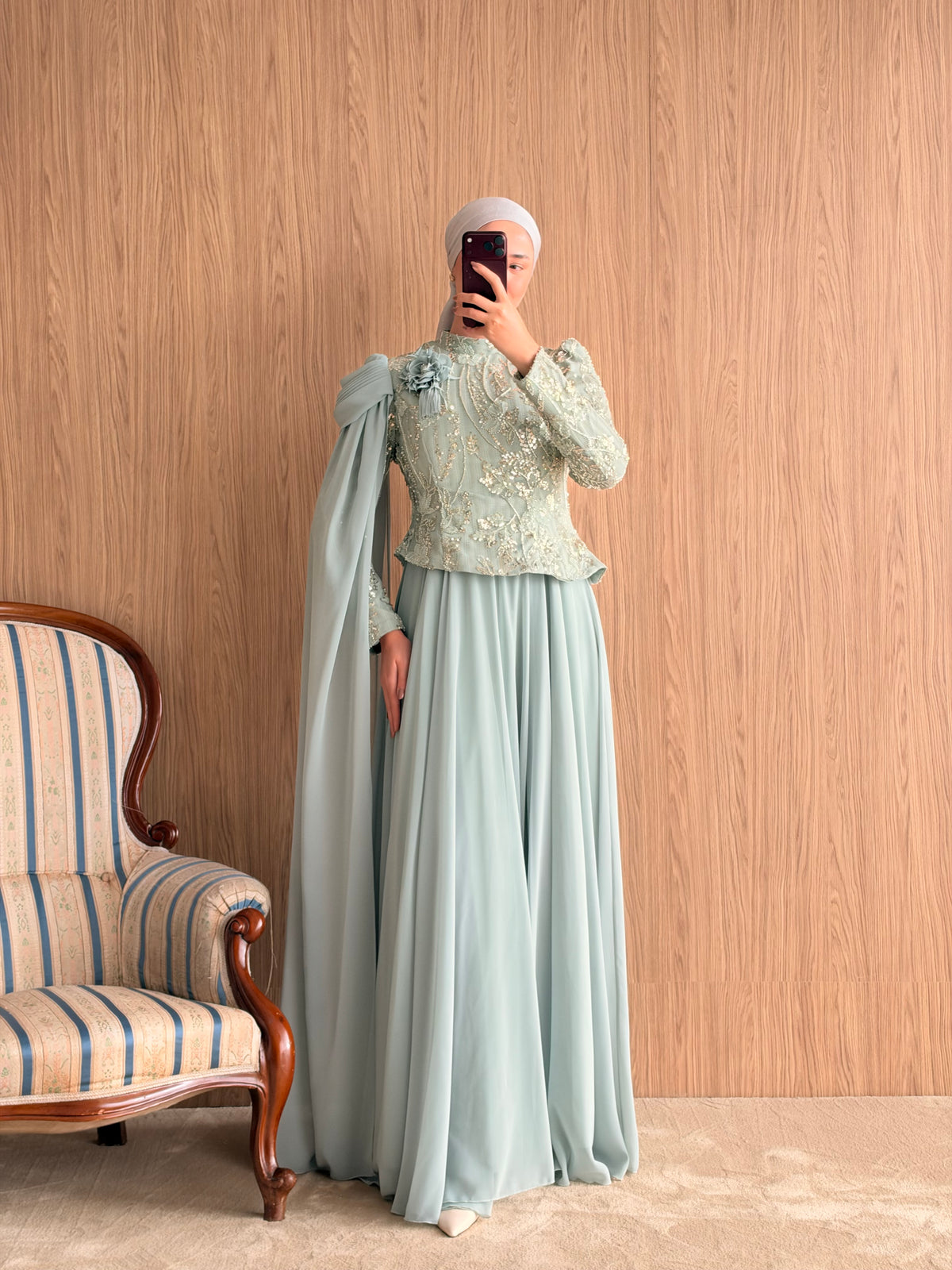 Mira Pelerinli Abiye-Mint Yeşili