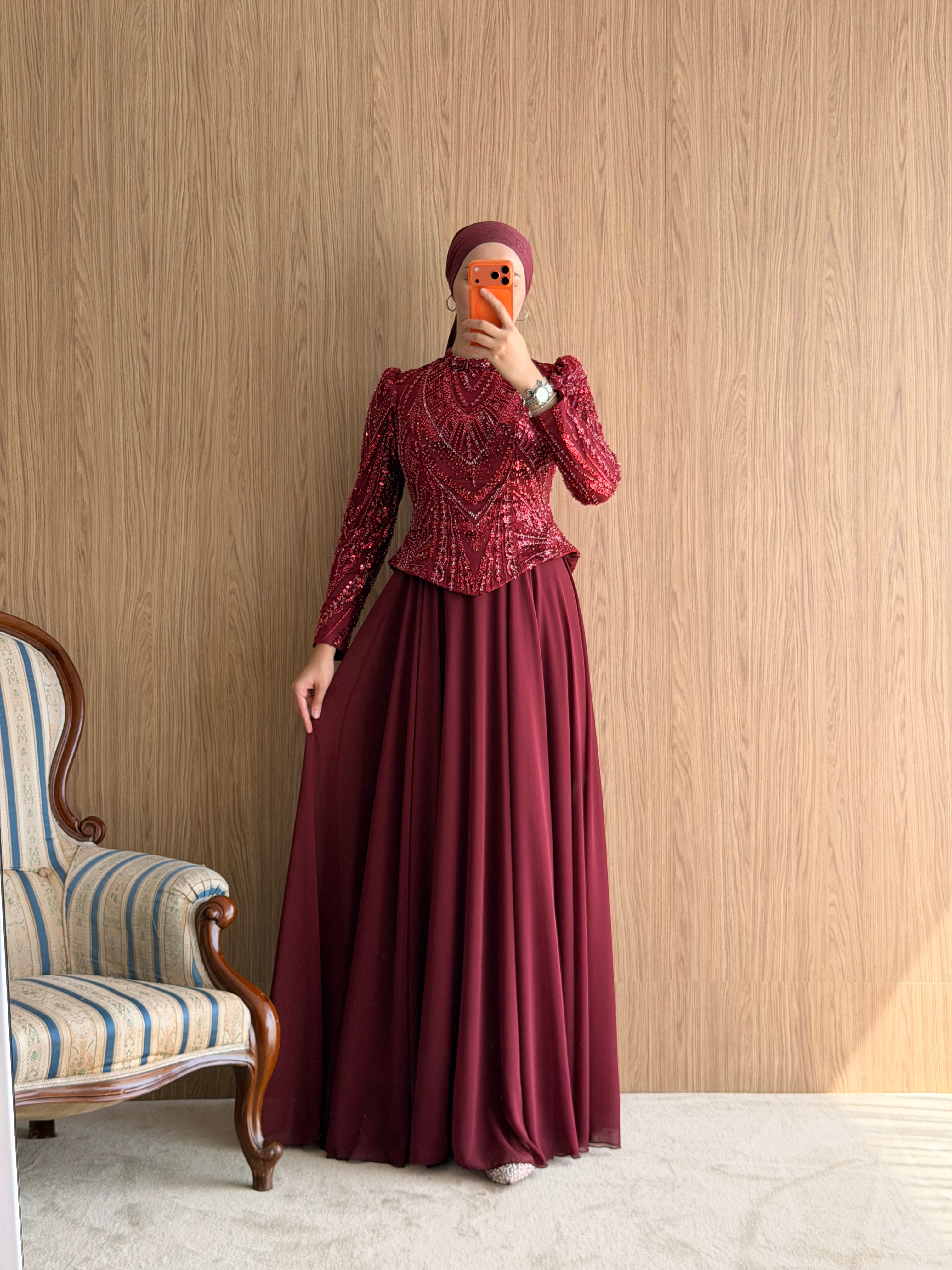 NZ Moda | Boncuk İşlemeli Şifon Abiye Elbise-Bordo
