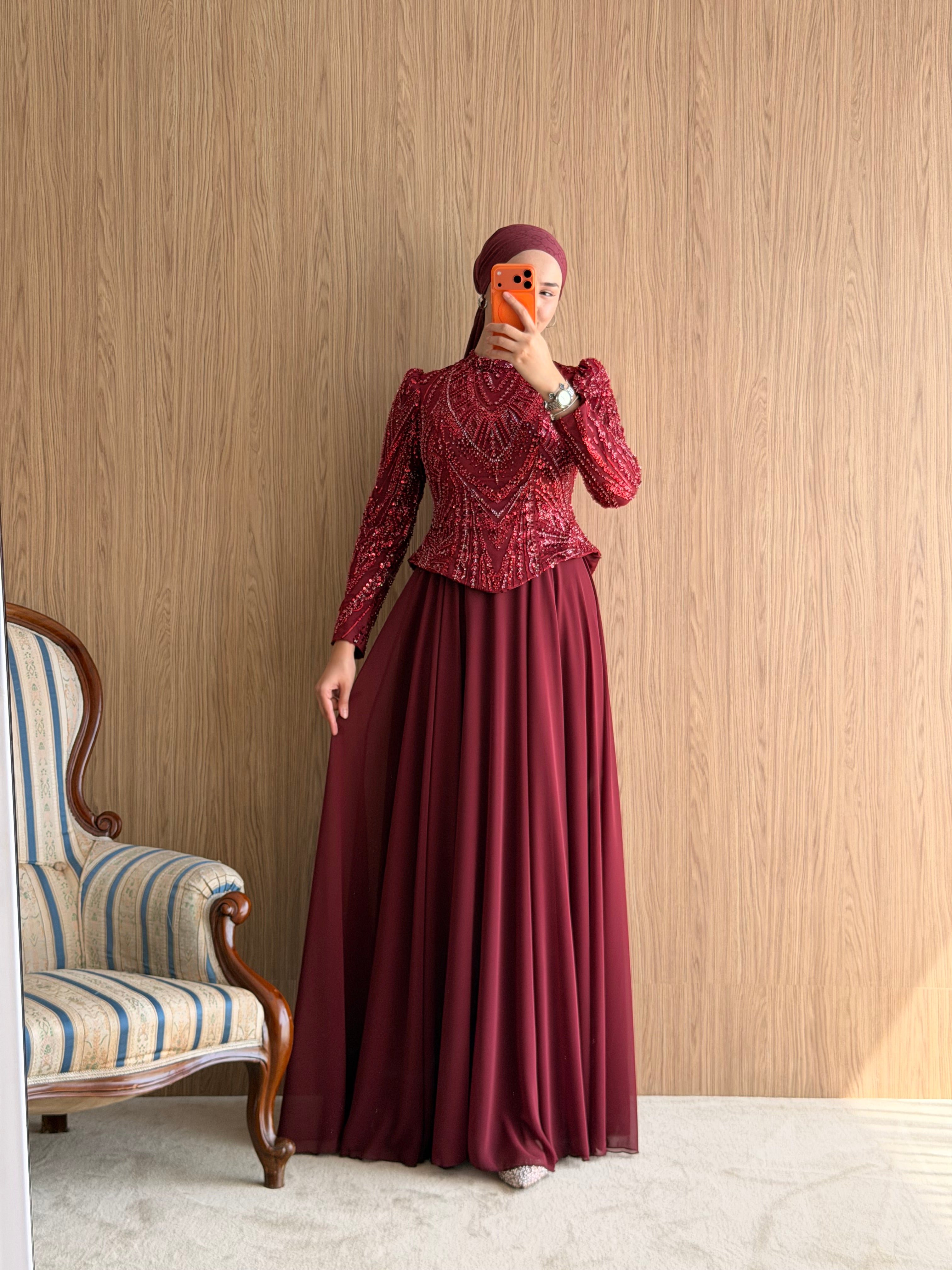 NZ Moda | Boncuk İşlemeli Şifon Abiye Elbise-Bordo