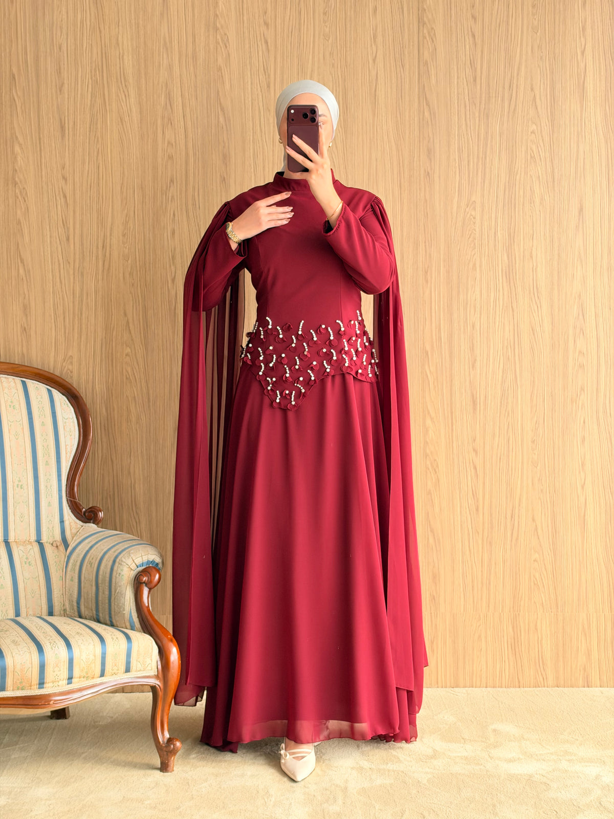 Arya Pelerinli Abiye-Bordo