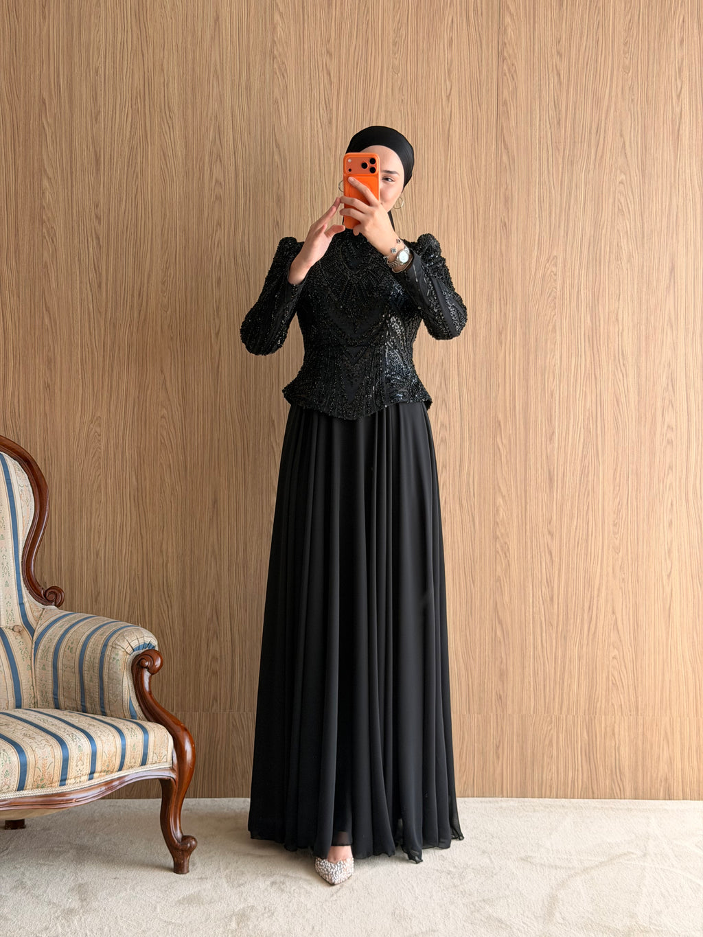 NZ Moda | Boncuk İşlemeli Şifon Abiye Elbise-Siyah