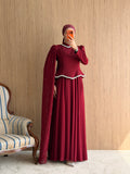 Zarif İnci Pelerinli Abiye- Bordo