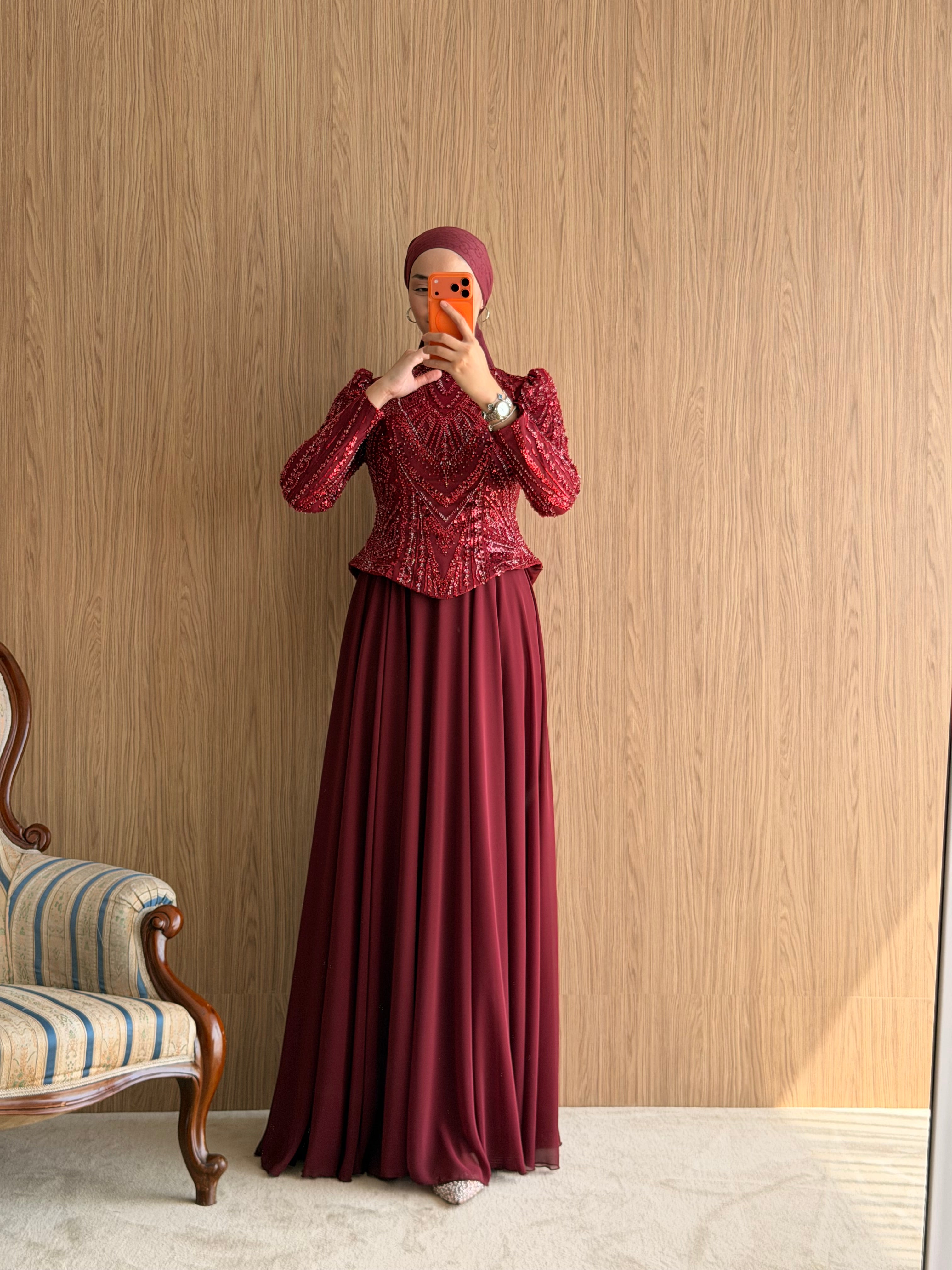NZ Moda | Boncuk İşlemeli Şifon Abiye Elbise-Bordo