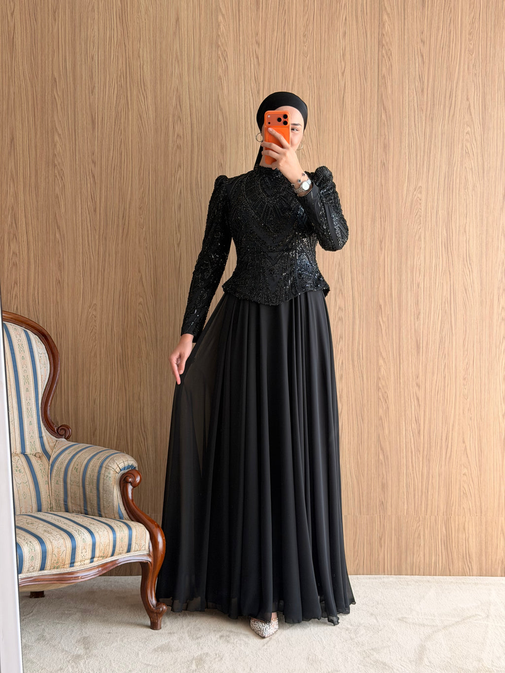 NZ Moda | Boncuk İşlemeli Şifon Abiye Elbise-Siyah