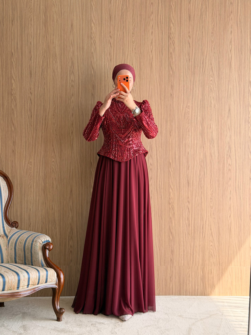 NZ Moda | Boncuk İşlemeli Şifon Abiye Elbise-Bordo