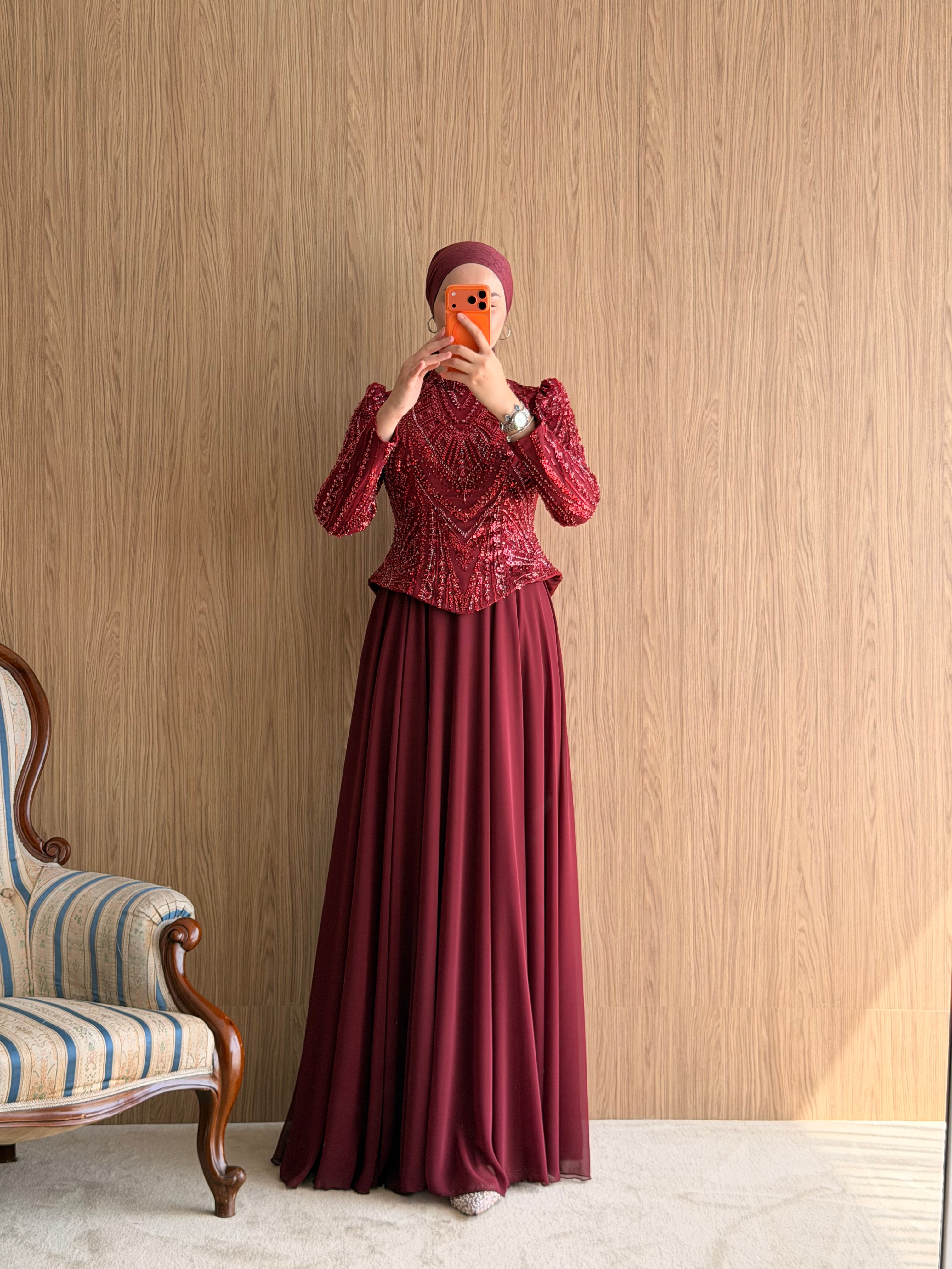 NZ Moda | Boncuk İşlemeli Şifon Abiye Elbise-Bordo