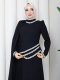Taş Detaylı Şifon Pelerinli Abiye-SİYAH
