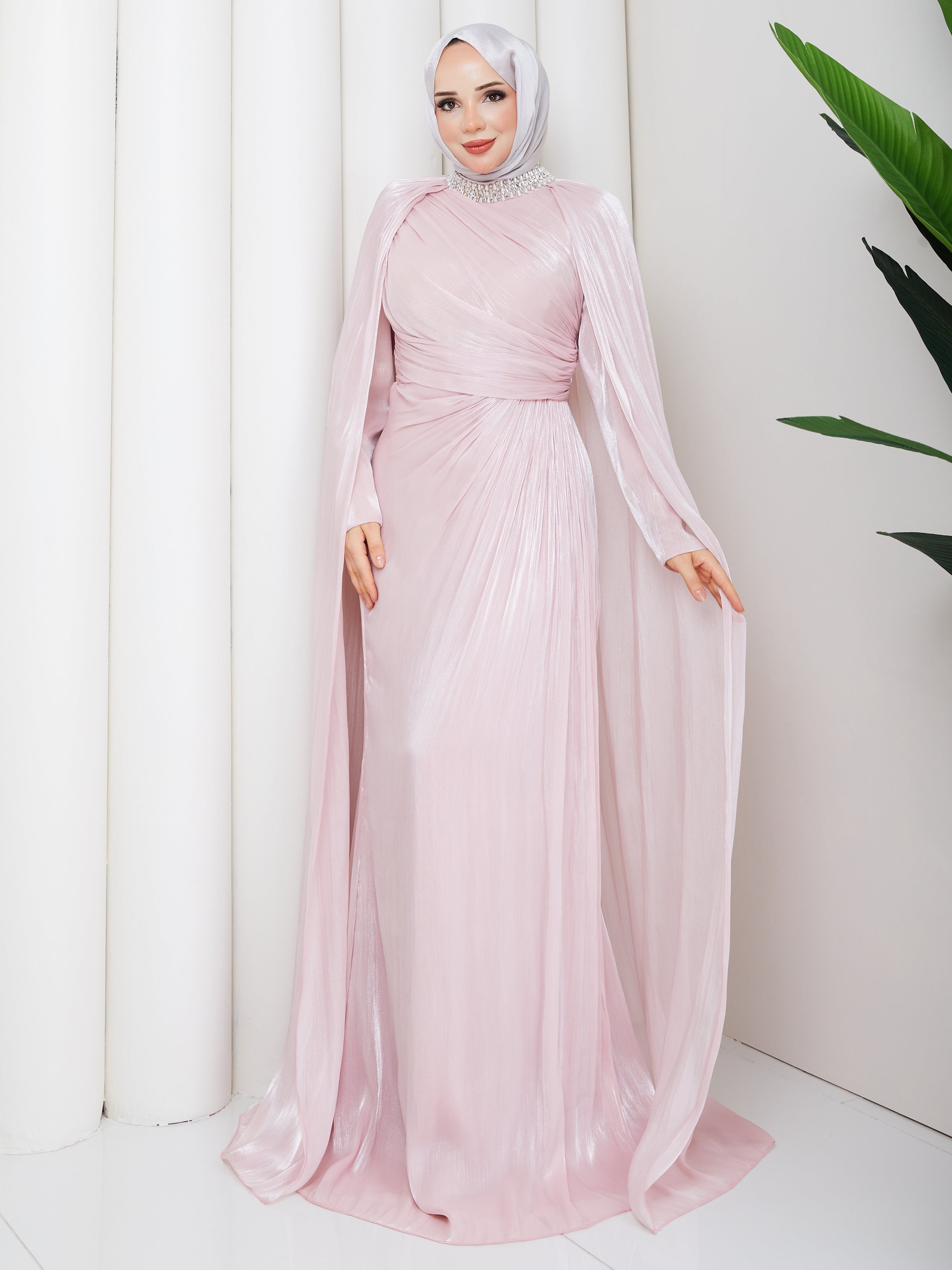 İnci Yaka Pelerinli Abiye-Pembe
