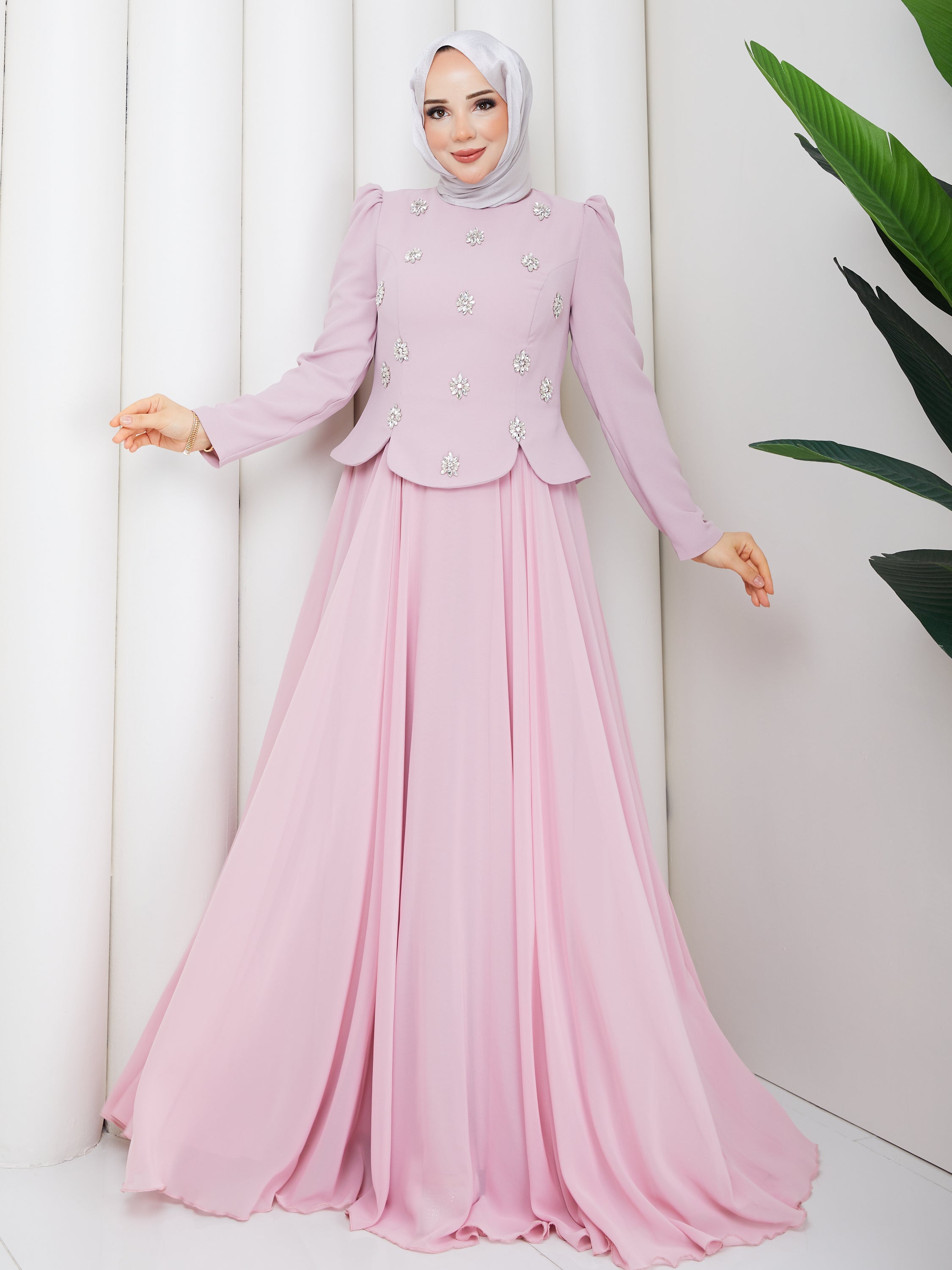 Zümrüt Taşlı Abiye _Pembe
