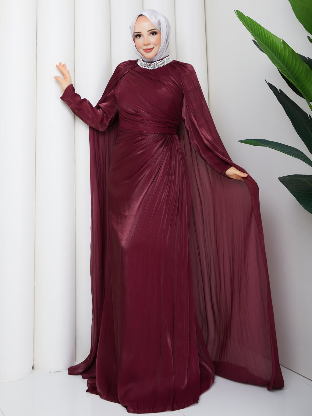 İnci Yaka Pelerinli Abiye-Bordo