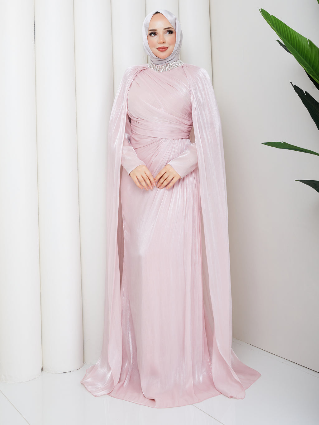 İnci Yaka Pelerinli Abiye-Pembe