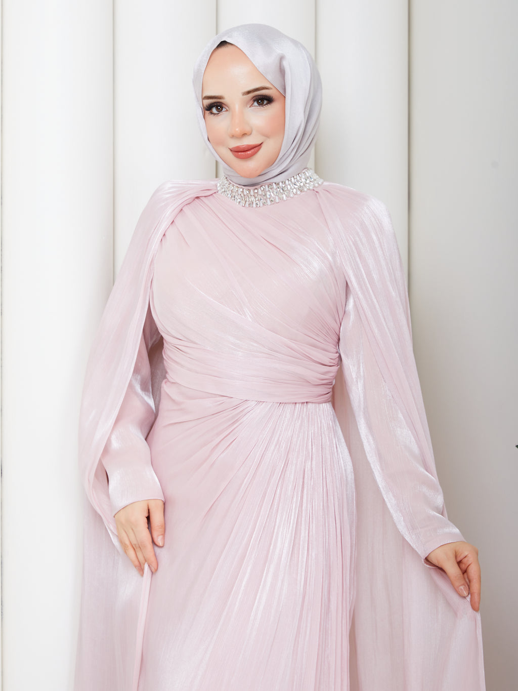 İnci Yaka Pelerinli Abiye-Pembe
