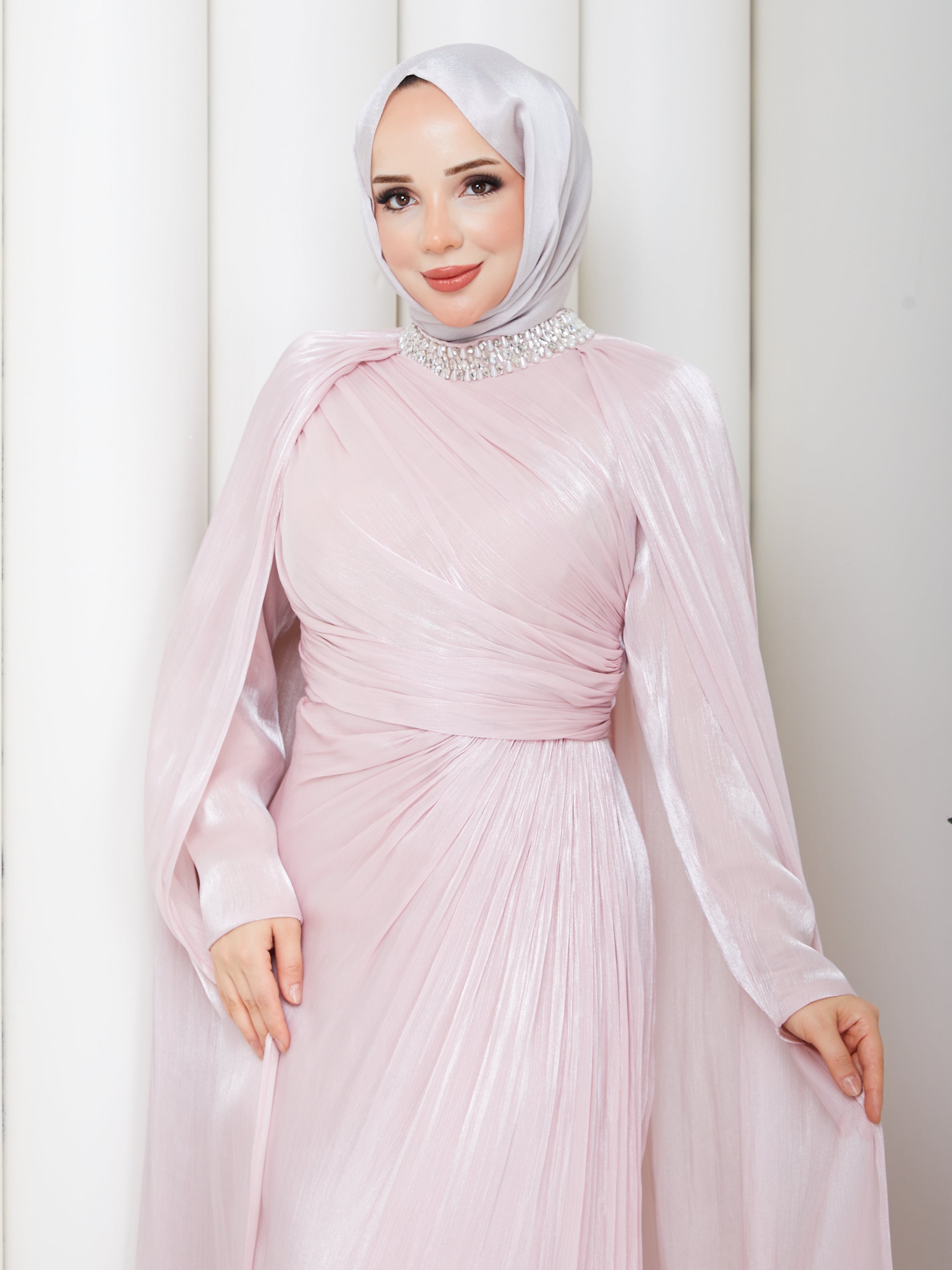 İnci Yaka Pelerinli Abiye-Pembe