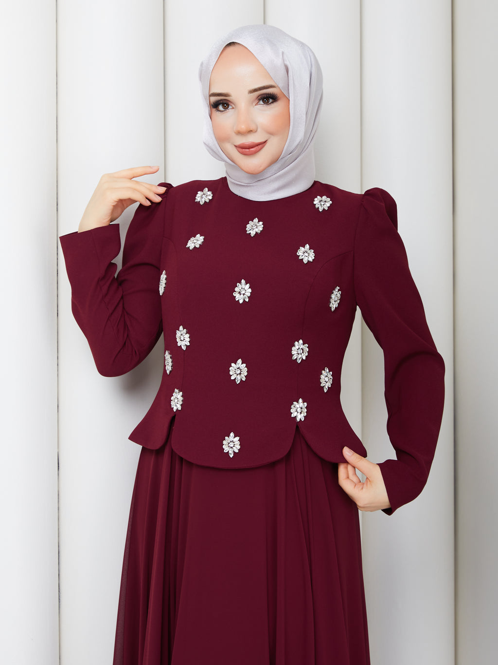 Zümrüt Taşlı Abiye _Bordo