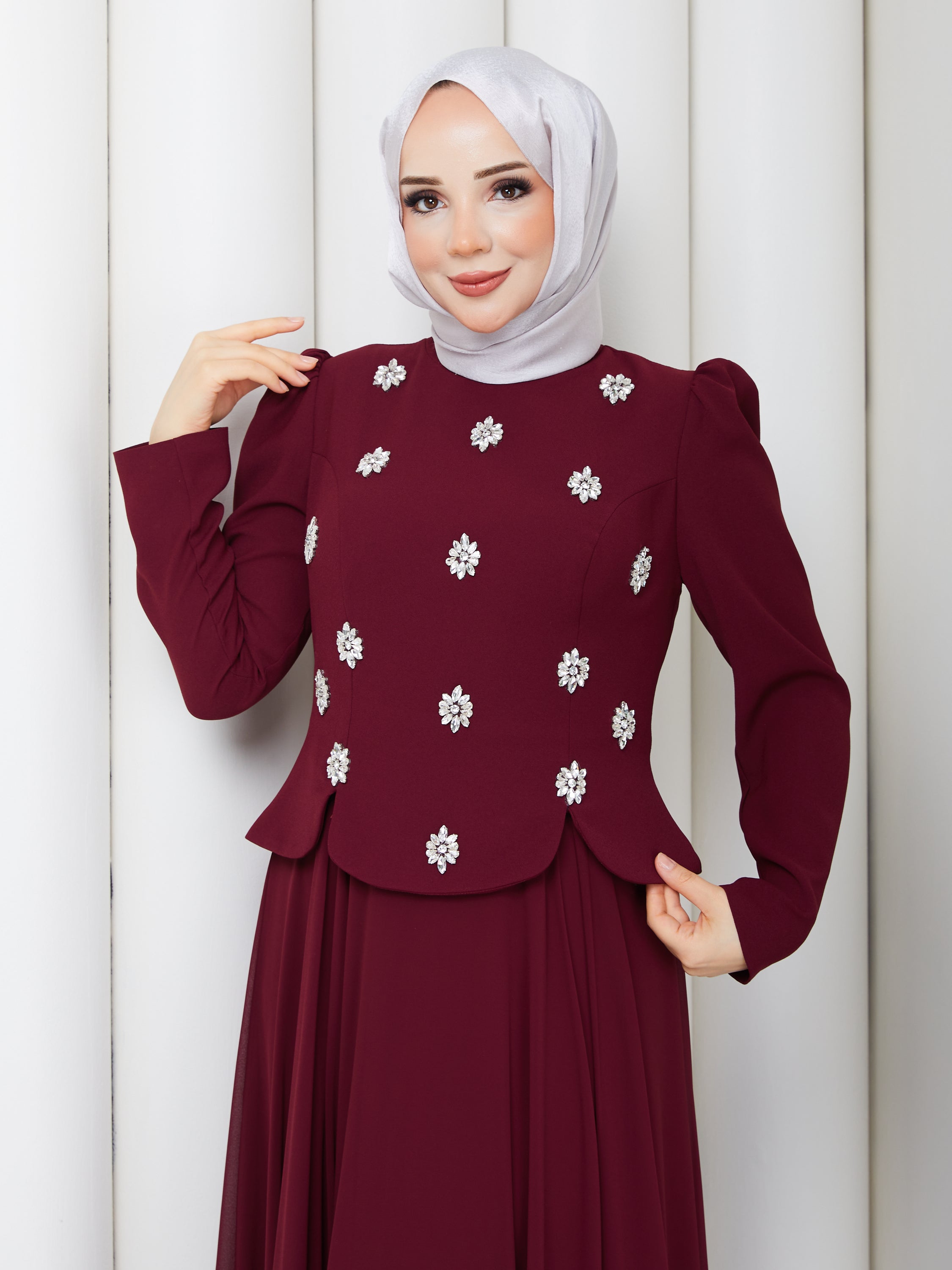 Zümrüt Taşlı Abiye _Bordo