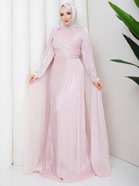 İnci Yaka Pelerinli Abiye-Pembe