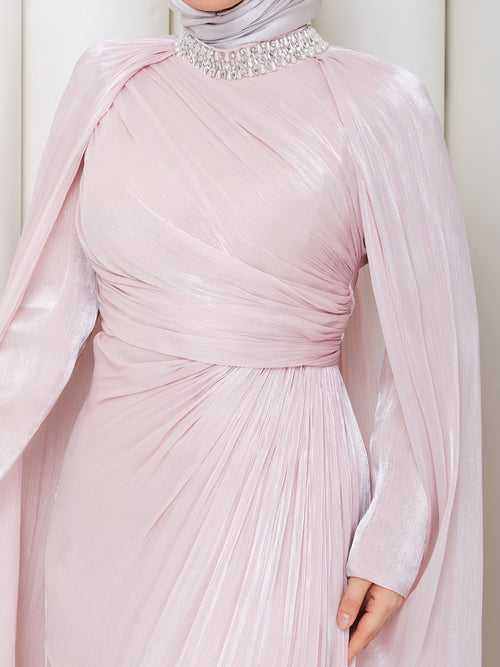 İnci Yaka Pelerinli Abiye-Pembe