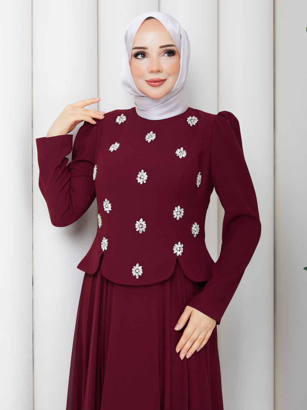 Zümrüt Taşlı Abiye _Bordo