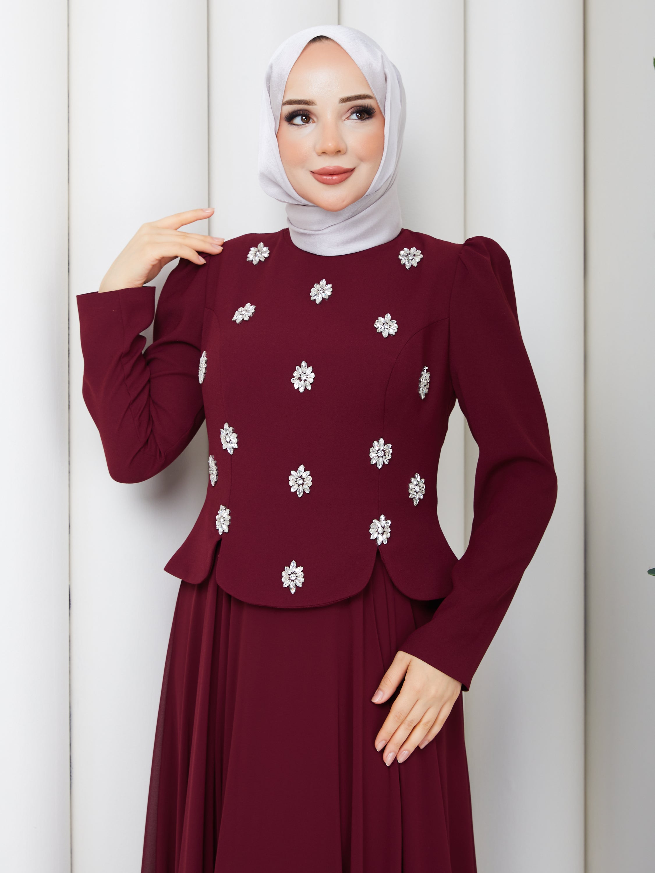 Zümrüt Taşlı Abiye _Bordo